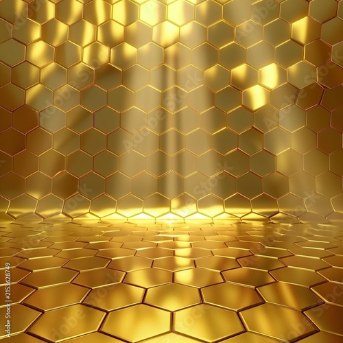 Gold hex pattern with spotlight and empty product area.