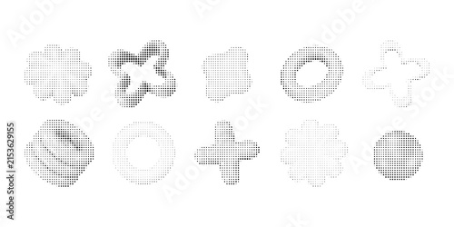 Set of abstract halftone shapes, geometric elements with dot pattern, vector design assets for graphic projects