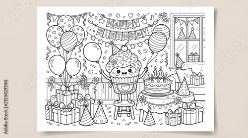 Happy cupcake character celebrating a tenth birthday party with balloons and gifts in a decorated room for a fun coloring page activity