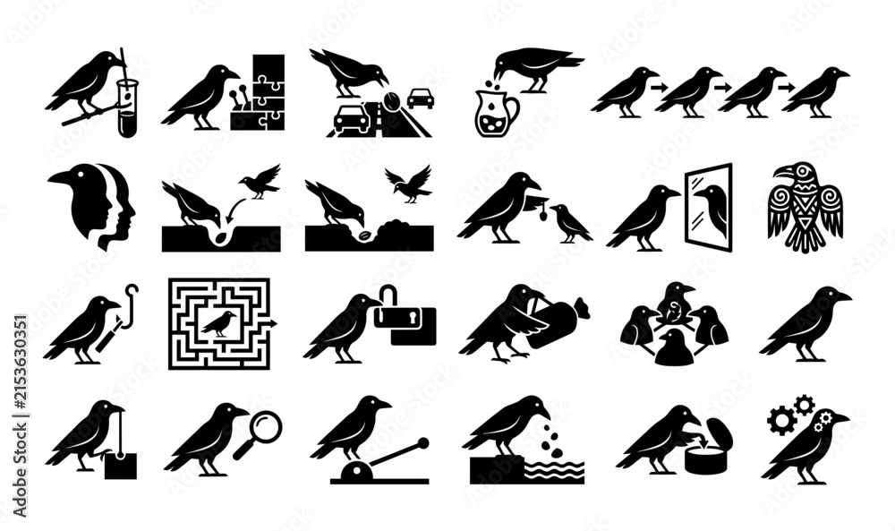 Obraz premium Crow intelligence and problem solving icons set showing bird behavior and cognitive skills