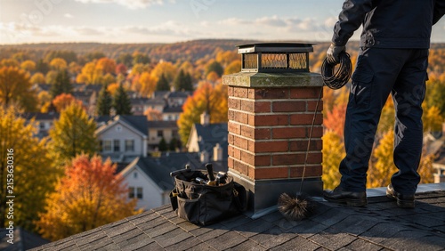 Professional chimney sweep maintaining a brick chimney on a residential roof in autumn, seasonal home service and preparation for safe winter heating.