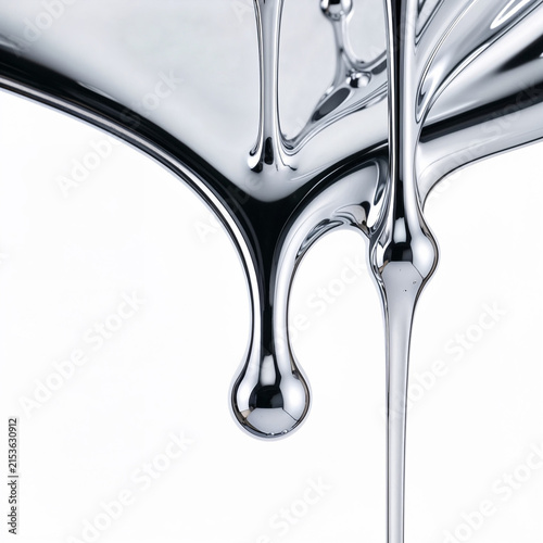 Abstract macro close-up of a smooth liquid chrome surface flowing downward into elegant elongated metallic drips, mirror-like silver reflections, clean pure white background, soft studio lighting, min