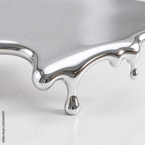 Extreme close-up of a luxurious polished silver fluid layer suspended above a pristine white surface, organic flowing edge creating elegant rounded drips, realistic mirror reflections, subtle shadows,