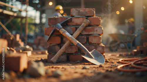 Labor Day Construction Tools Concept With Crossed Shovel Pickaxe And Bricks On Active Building Site