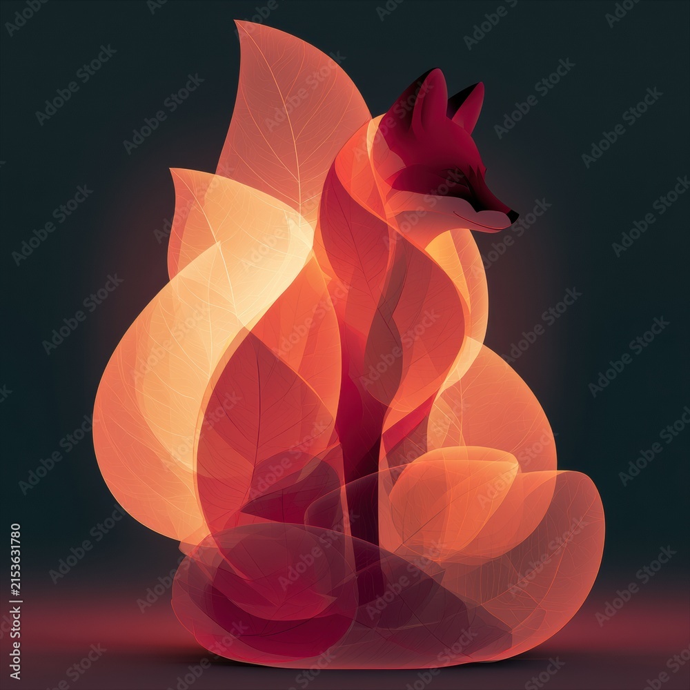 Naklejka premium A fox silhouette stands out against glowing leaves in hues of red and orange in a forest at dusk. The scene shows minimal wildlife activity.