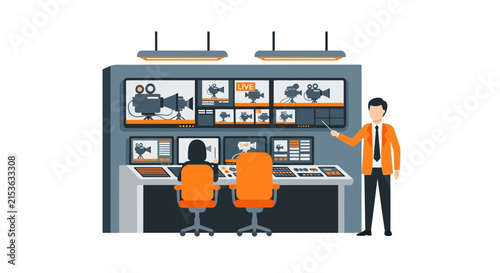 Professional Television Control Room with Multi-Screen Monitor Wall and Media Production Team Vector Illustration