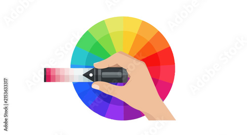 Hand Holding Digital Color Picker Tool over Vibrant Circular Color Wheel Palette for Graphic Design and UI UX Creative Projects