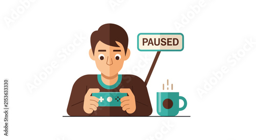 Gamer Taking a Break: Flat Illustration of a Young Man Holding a Handheld Console with a Coffee Cup and Paused Sign
