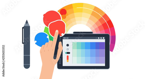 Digital Graphic Design Illustration with Artist Tablet, Stylus Pen, and Color Palette Wheel. Flat Vector Concept of Creative Process, UI/UX Design, and Professional Art Tools.