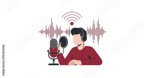Professional Male Podcast Host Recording Audio with Microphone and Headphones, Minimalist Flat Vector Illustration of Content Creator and Sound Waves