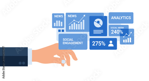 Businessman Hand Touching Digital Business Dashboard with Social Media Analytics, Charts, and Growth Metrics on White Background