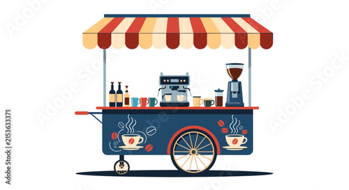 Stylish mobile coffee cart stall equipped with a professional espresso machine cups and bottles featuring a brown bean logo.