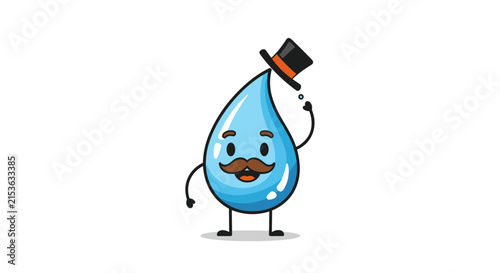 Playful character design of a blue water drop wearing a black top hat and a brown mustache while tipping his hat politely.