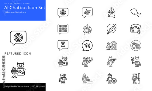 AI chatbot vector icon set with robot illustrations and speech bubbles