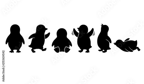 Konstfotografi Cute Penguin Silhouette Characters Different Poses Vector Set