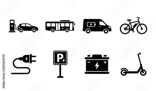 Set of Black Electric Vehicle and Charging Station Icons Featuring Sustainable Transportation, Electric Cars, Buses, Bikes and Scooters