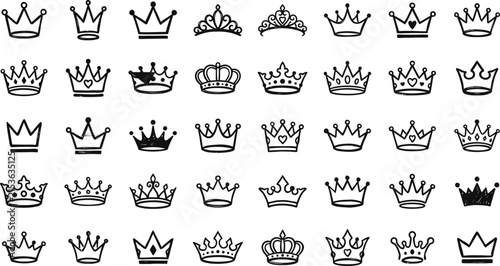 Royal crown icons set, 40 black line tiara and king headwear vectors, elegant queen coronet symbols for luxury branding