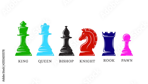 Set of colorful chess pieces including king queen bishop knight rook and pawn vector illustration