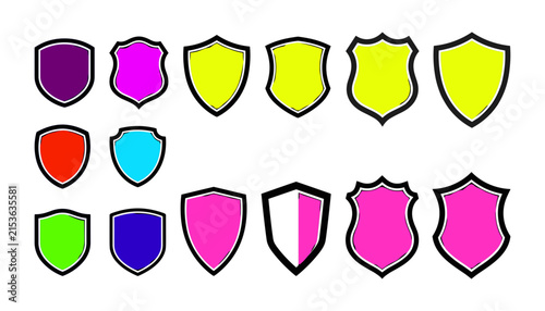 Set of colorful vector shields icons with black outline for security and protection design elements