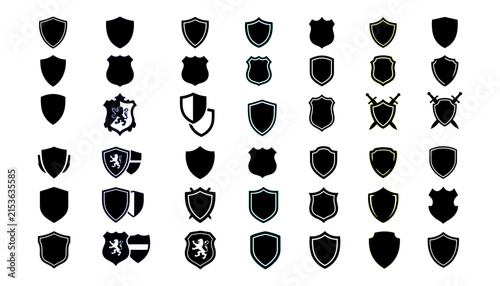Set of black blue and yellow security shields icons with swords and heraldic lions vector illustration