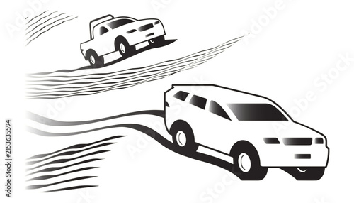 Off road vehicles driving fast on desert sand dunes with tire tracks vector illustration design