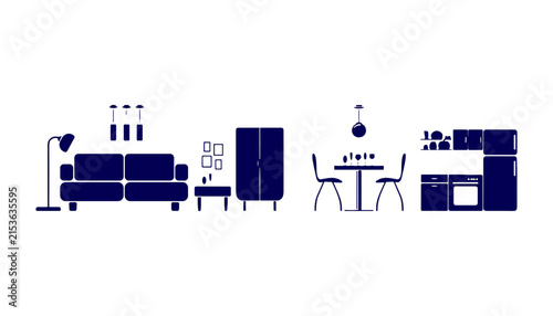 Set of dark blue vector interior furniture silhouettes for living room and kitchen design illustration