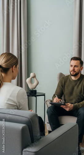 A man and a woman sit in chairs in a room, one taking notes, representing a therapy session or consultation, symbolizing support and guidance.