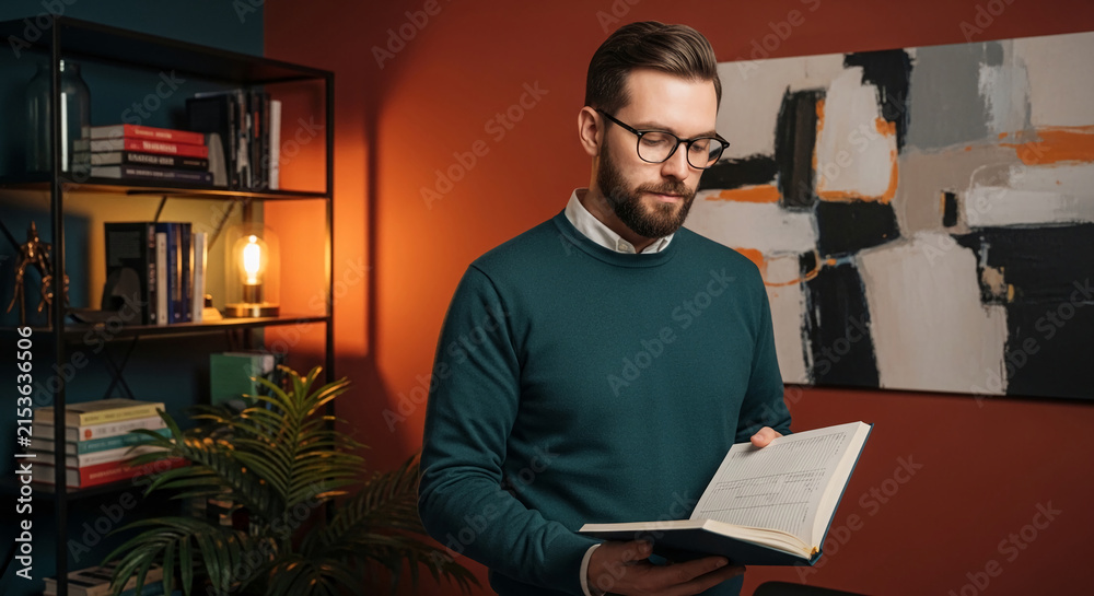 Obraz premium Man with glasses reading a book, surrounded by shelves with books and a plant, symbolizing knowledge, focus, and personal development in a modern setting