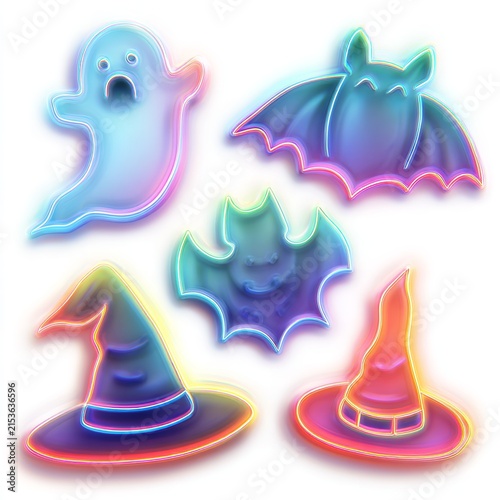 Vibrant neon halloween icons featuring glowing ghosts bats and magical witch hats set against a clean bright white isolated background