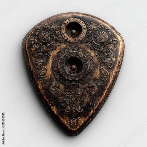 Ornate wooden planchette featuring intricate carvings and mystical circular symbols captured against a clean and bright studio white background surface