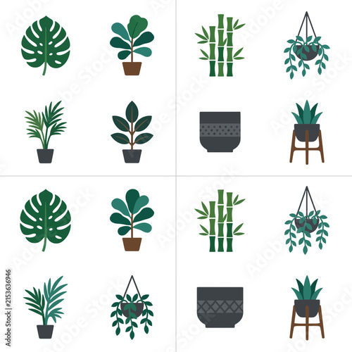 Botanical icons pattern featuring diverse house plants, ceramic pots, and modern plant stands.