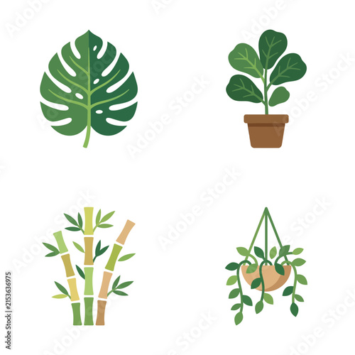 Tropical houseplants including monstera leaf, fiddle leaf fig, bamboo stalks, and hanging vine plant.