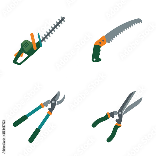 Hedge trimmer, pruning saw, and loppers ready for landscaping and yard maintenance.