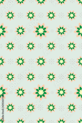 Floral Pattern Background: A charming and symmetrical repeating pattern featuring stylized green and yellow flowers on a light mint green background, creating a fresh and vibrant visual aesthetic.