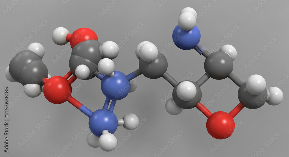 Obraz premium 3D molecular model with red, blue, gray, and white spheres connected by rods, symbolizing science and chemistry, ideal for educational purposes.