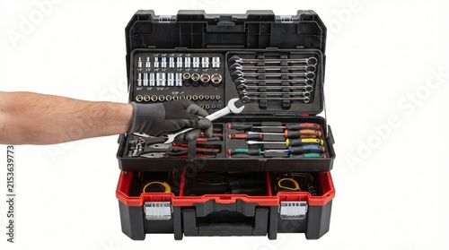 Professional-grade tool kit with comprehensive hardware collection and organized storage system for automotive repair and maintenance