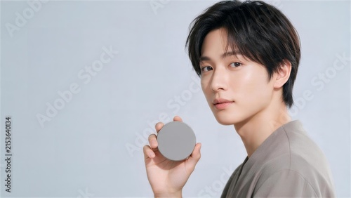 Plakat w ramie 円形コンパクトを持つ日本人男性美容モデル