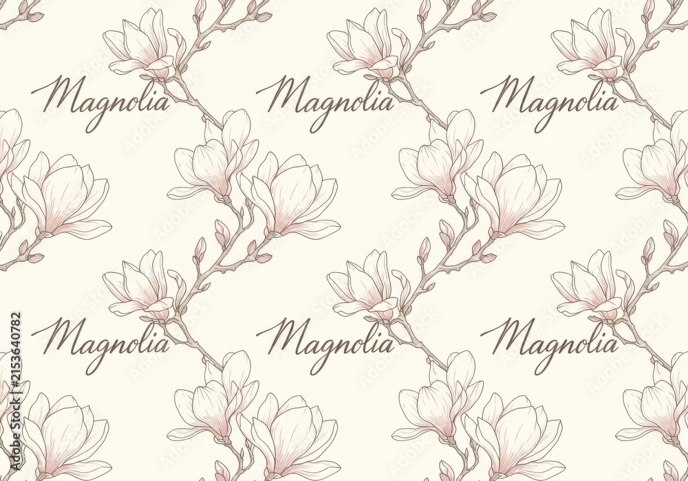 Fototapeta premium Seamless pattern with hand drawn magnolia flowers and text