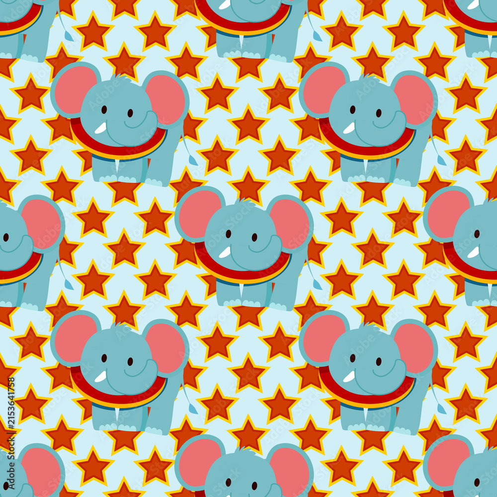 Fototapeta premium Seamless Circus Elephant and Colorful Stars Pattern for Kids