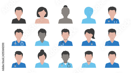 Set of diverse medical staff avatars with doctors and nurses wearing scrubs and stethoscopes in flat style