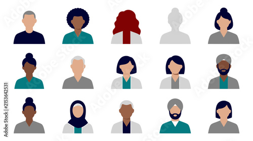 Set of diverse professional people avatars representing medical staff and healthcare workers in flat vector style