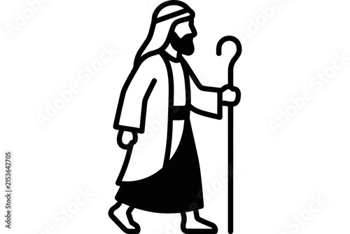 Simple line art icon of a biblical shepherd figure walking with a staff.