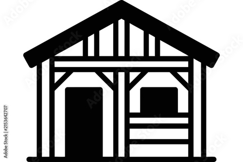 Simple black silhouette icon of a timber frame shed or small wooden cottage.