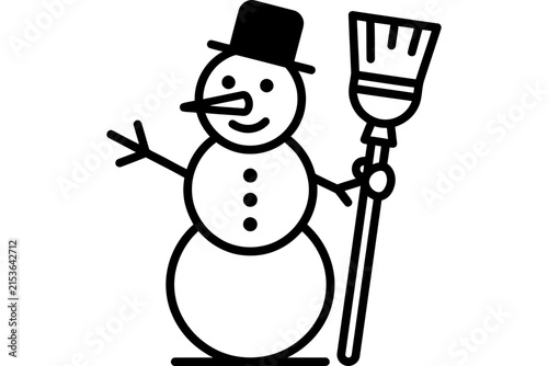 Simple line art illustration of a cheerful snowman holding a broom.
