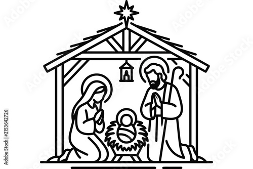 Simple line art illustration of the Christmas nativity scene.