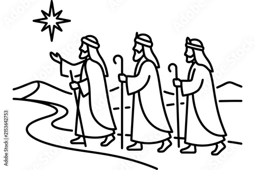 Three wise men following the star line art.