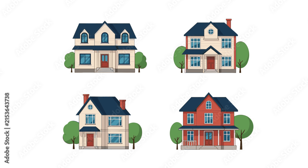 Fototapeta premium Collection of four different suburban family houses with stylish architectural designs and green trees.