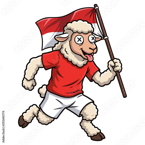 Funny cartoon sheep running while carrying an Indonesian flag, vector illustration.