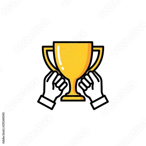 Hand lifting a golden trophy cup for victory