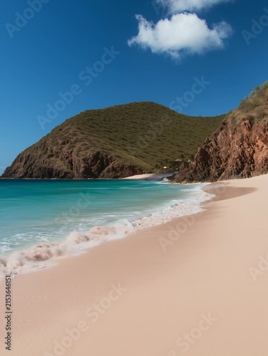Pink sand beach meeting turquoise water in tropical paradise